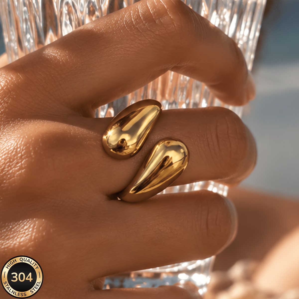 18K Gold-Plated Stainless Steel Open Ring, Classic Style